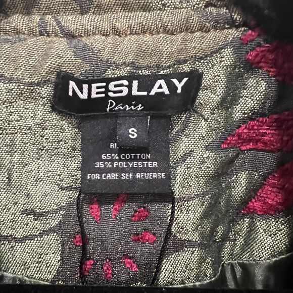 Neslay Paris Women Sz S Jacquard Long Blazer Jacket Black Green Floral Fairy - Picture 3 of 10